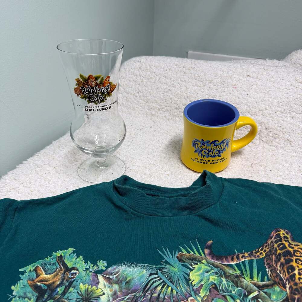 Rainforest Cafe Coffee Cup Mug Yellow Blue & Cocktail Glass Orlando 1999 Wild